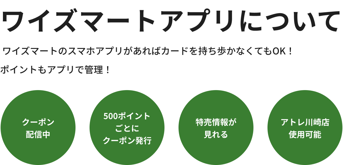 ワイズマートアプリについて ワイズマートのスマホアプリがあればカードを持ち歩かなくてもOK！
                                ポイントもアプリで管理！ クーポン配信中 500ポイントごとにクーポン発行 イベントの応募ができる アトレ川崎店使用可能