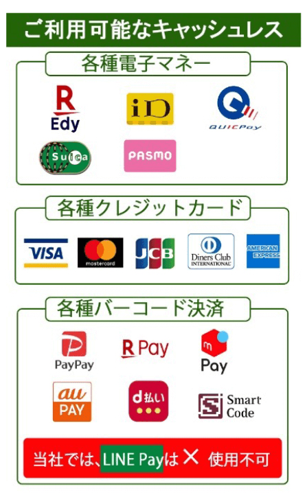 各種キャッシュレス決済がご利用いただけます