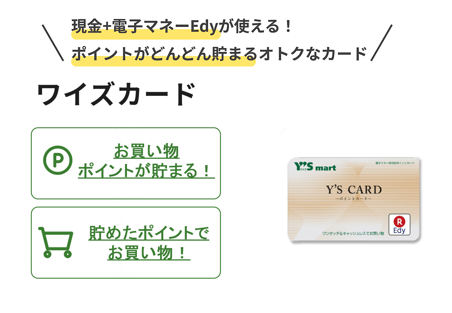 現金+電子マネー Edyが使える! ポイントがどんどん貯まるオトクなカード ワイズカード お買い物ポイントが貯まる! いつでも現金に換金できる! 貯めたポイントでお買い物! 便利な電子マネーEdyに交換!